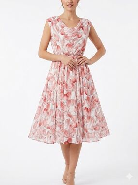 Blush Floral Cap-Sleeve Midi Dress
